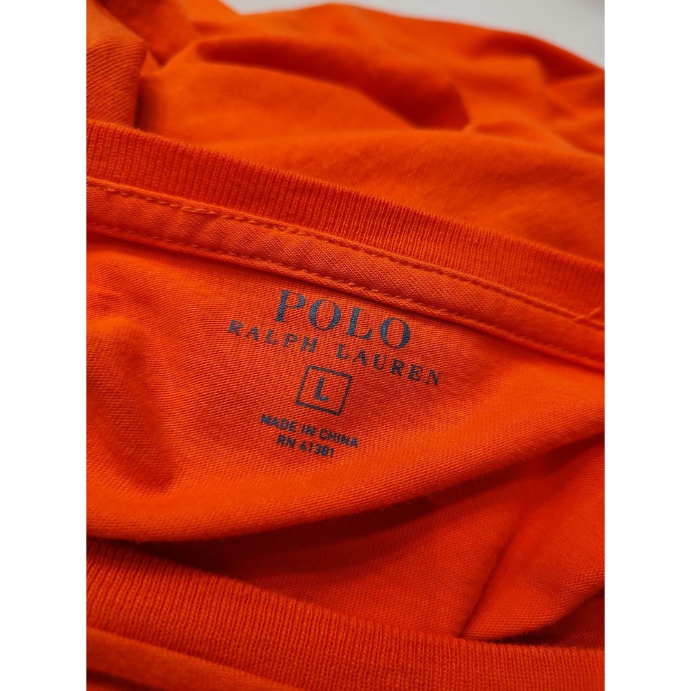 Polo Ralph Lauren Men Sz L  Long‎ Sleeve Crew Preppy T Shirt Orange Green Pony - Picture 8 of 8